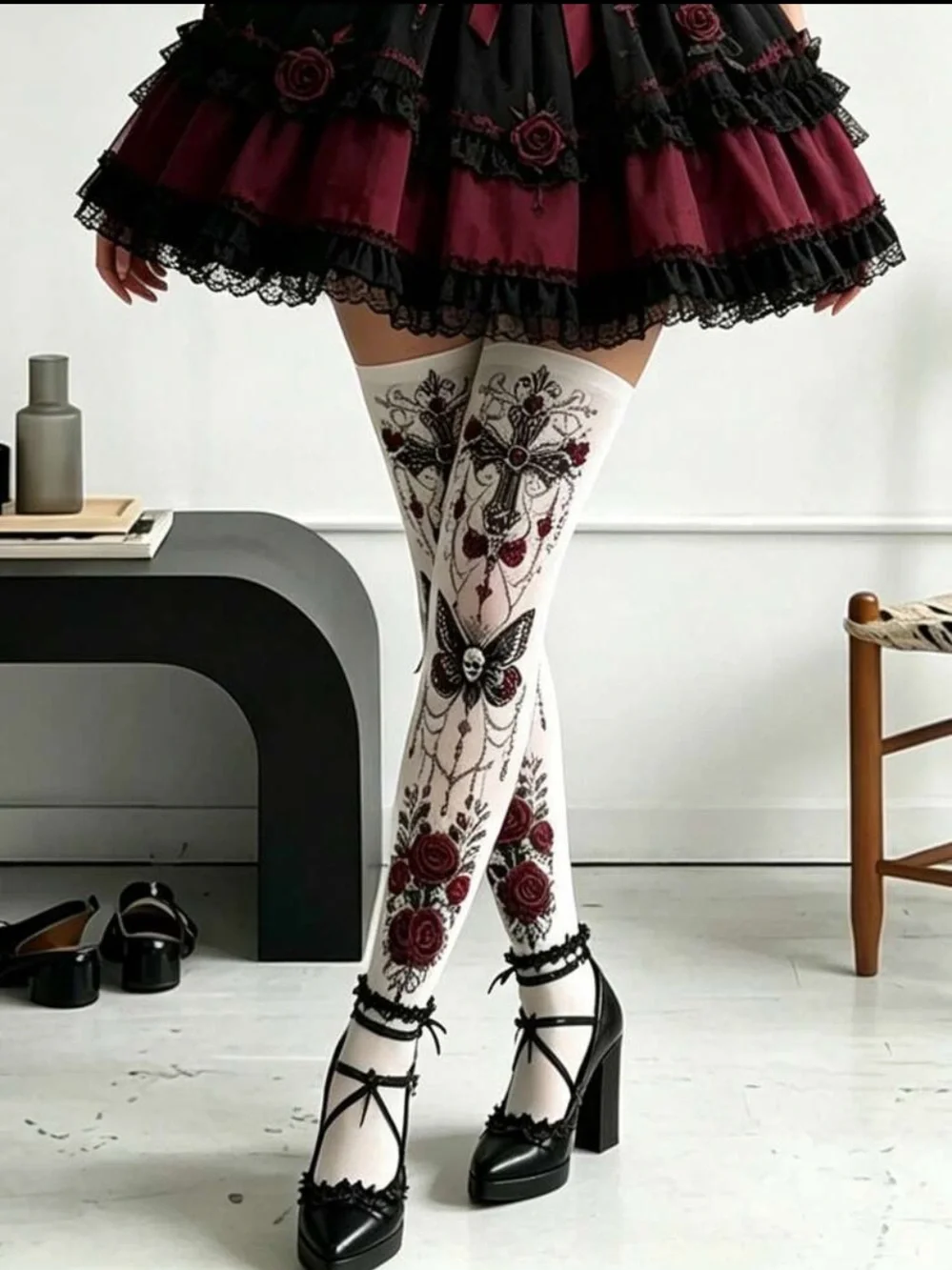 White Floral Embroidered Thigh-High Socks with Burgundy Accents